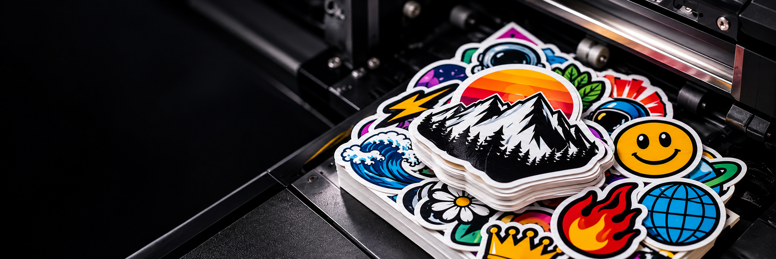 Glossy mountain and colorful custom stickers stacked inside a printer